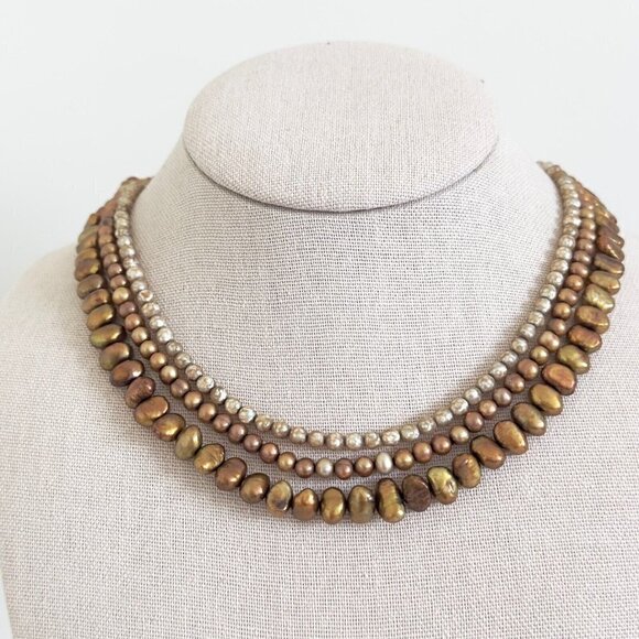 Vintage 14K Yellow Gold Triple Strand Genuine Brown Pearl Round Baroque Necklace - Picture 1 of 10